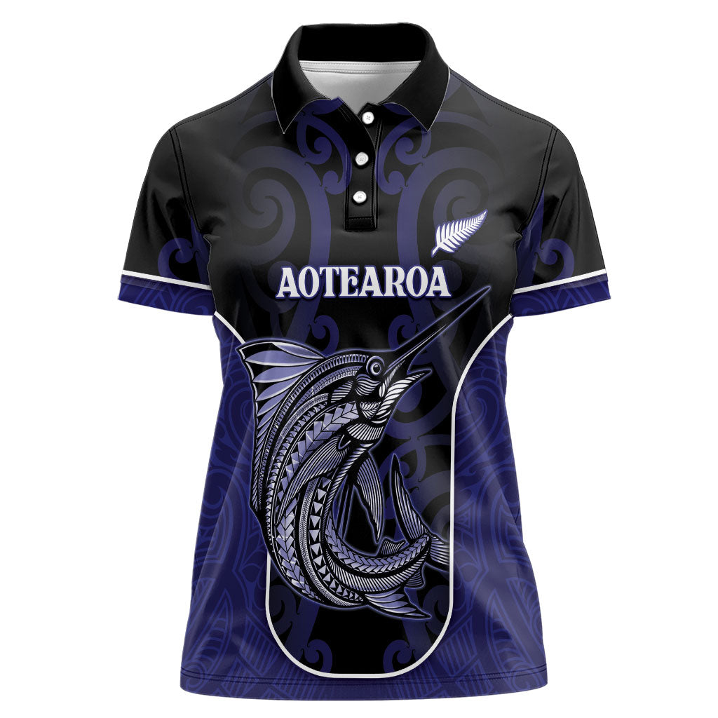 Personalised New Zealand Aotearoa Women Polo Shirt Blue Marlin Fishing Maori Pattern LT05 Female Black - Polynesian Pride