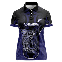 Personalised New Zealand Aotearoa Women Polo Shirt Blue Marlin Fishing Maori Pattern LT05 Female Black - Polynesian Pride