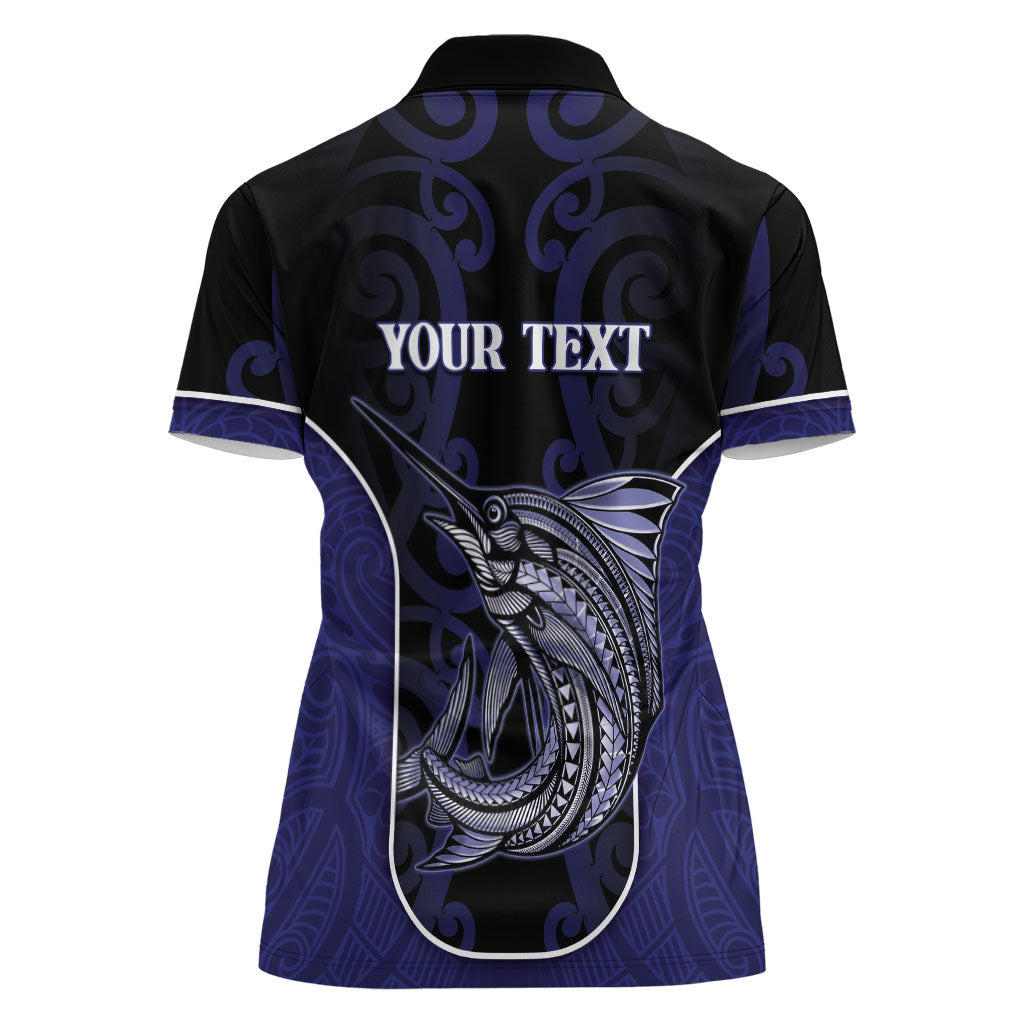 Personalised New Zealand Aotearoa Women Polo Shirt Blue Marlin Fishing Maori Pattern LT05 - Polynesian Pride