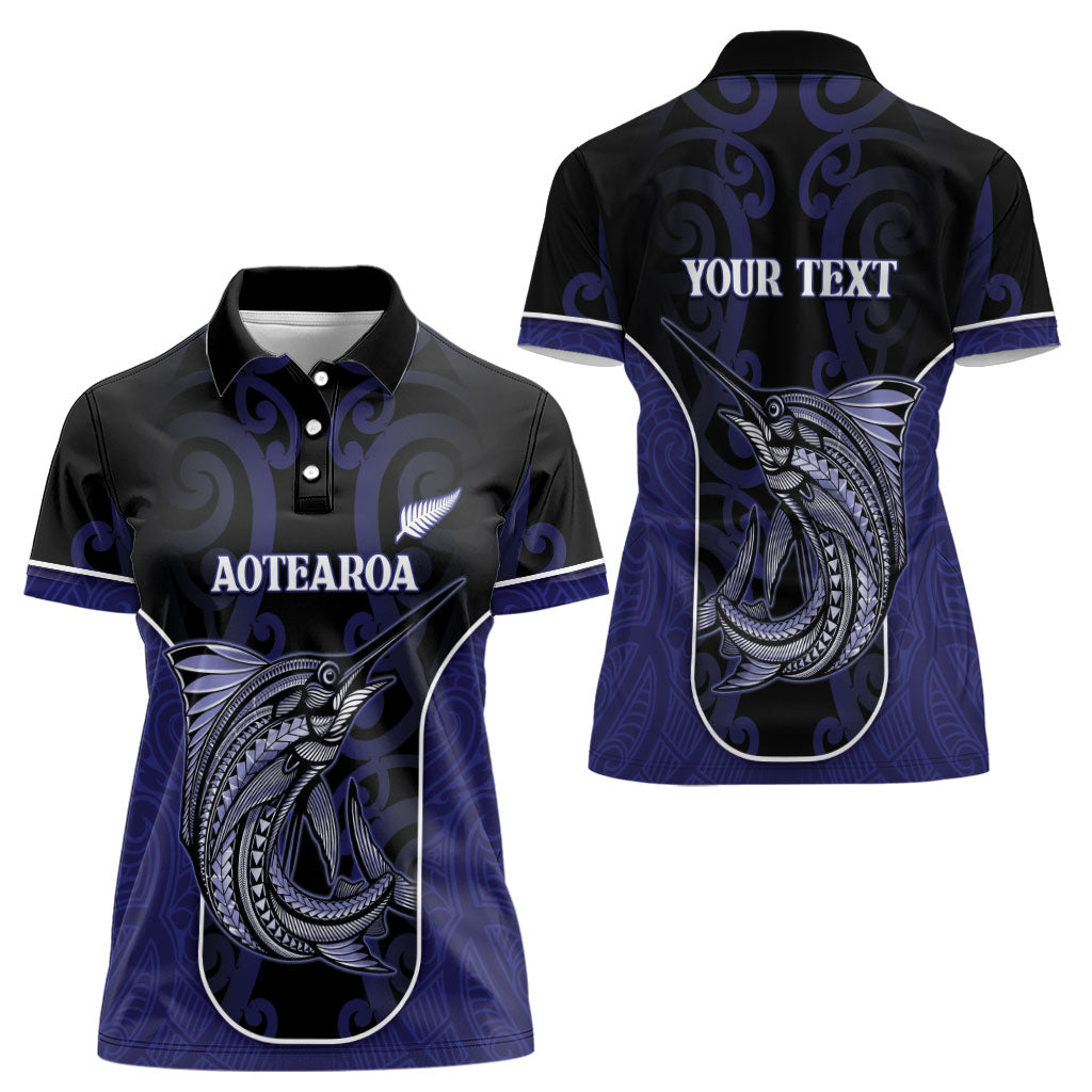 Personalised New Zealand Aotearoa Women Polo Shirt Blue Marlin Fishing Maori Pattern LT05 - Polynesian Pride