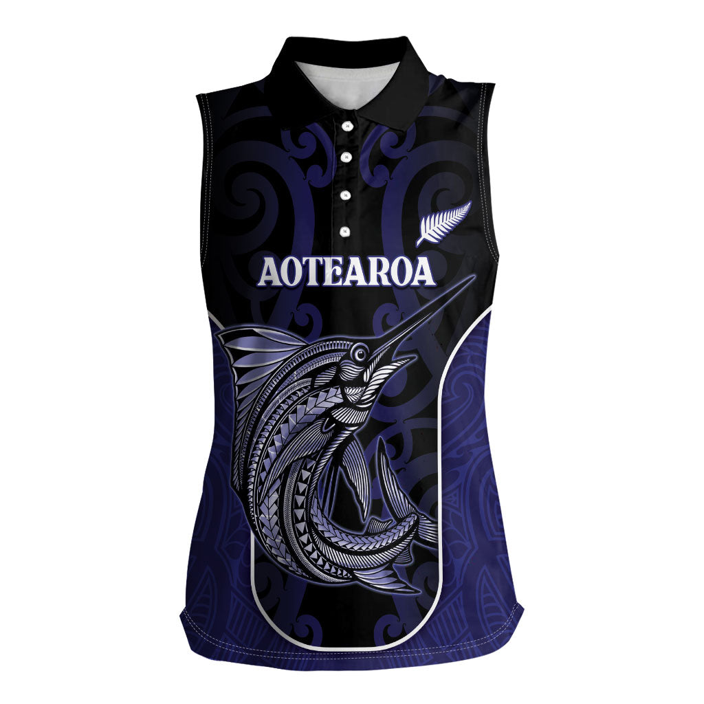Personalised New Zealand Aotearoa Women Sleeveless Polo Shirt Blue Marlin Fishing Maori Pattern