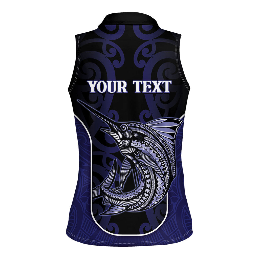 Personalised New Zealand Aotearoa Women Sleeveless Polo Shirt Blue Marlin Fishing Maori Pattern LT05 - Polynesian Pride