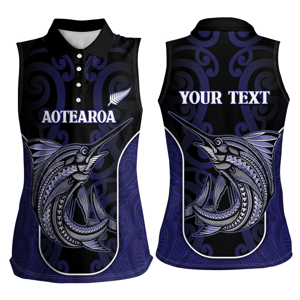 Personalised New Zealand Aotearoa Women Sleeveless Polo Shirt Blue Marlin Fishing Maori Pattern LT05 - Polynesian Pride