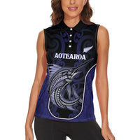 Personalised New Zealand Aotearoa Women Sleeveless Polo Shirt Blue Marlin Fishing Maori Pattern LT05 - Polynesian Pride