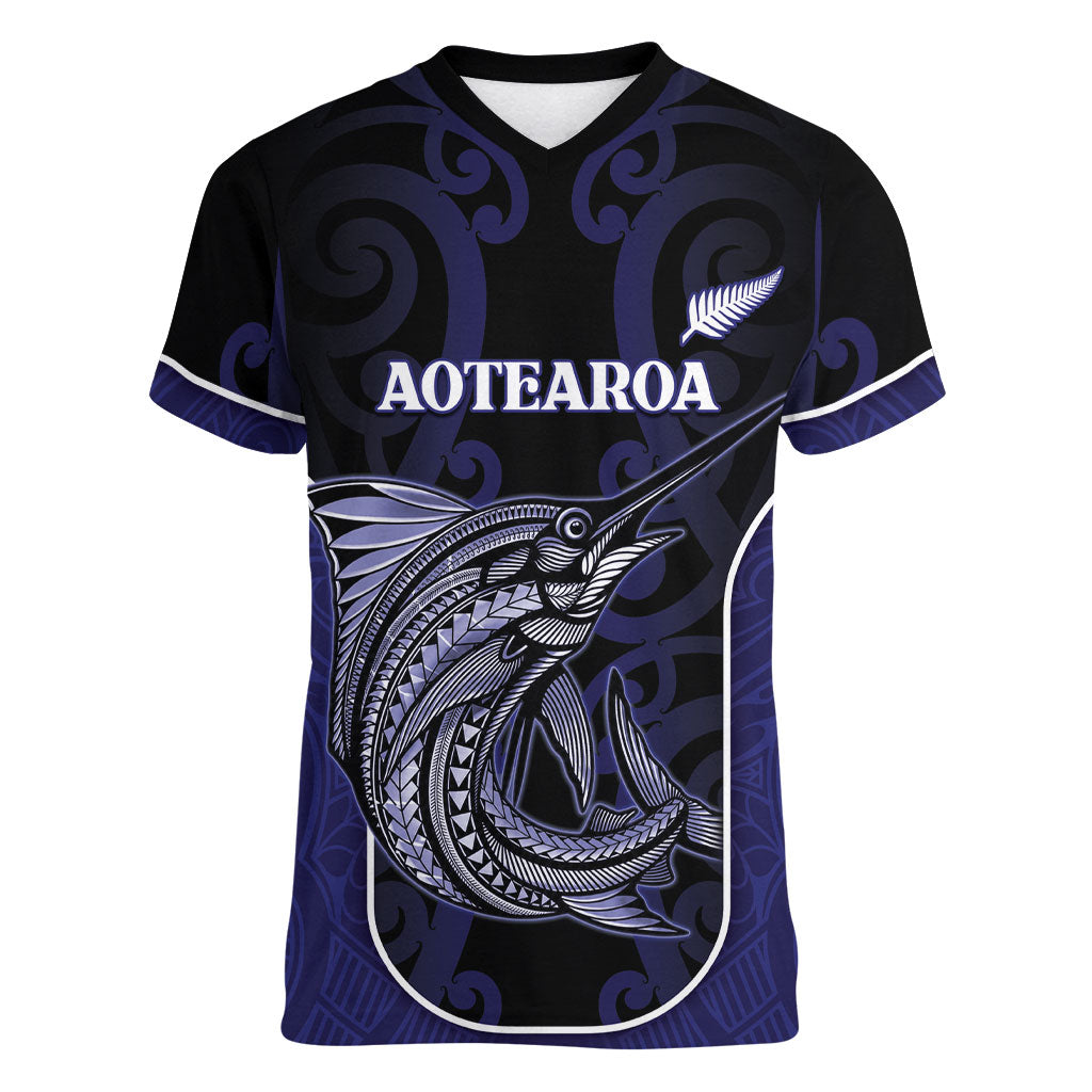 Personalised New Zealand Aotearoa Women V-Neck T-Shirt Blue Marlin Fishing Maori Pattern LT05 Female Black - Polynesian Pride