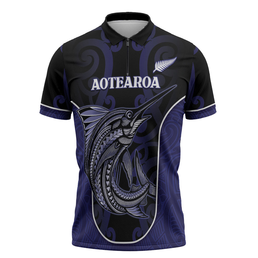 Personalised New Zealand Aotearoa Zipper Polo Shirt Blue Marlin Fishing Maori Pattern