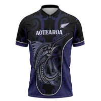 Personalised New Zealand Aotearoa Zipper Polo Shirt Blue Marlin Fishing Maori Pattern LT05 Black - Polynesian Pride
