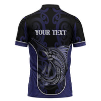 Personalised New Zealand Aotearoa Zipper Polo Shirt Blue Marlin Fishing Maori Pattern LT05 - Polynesian Pride
