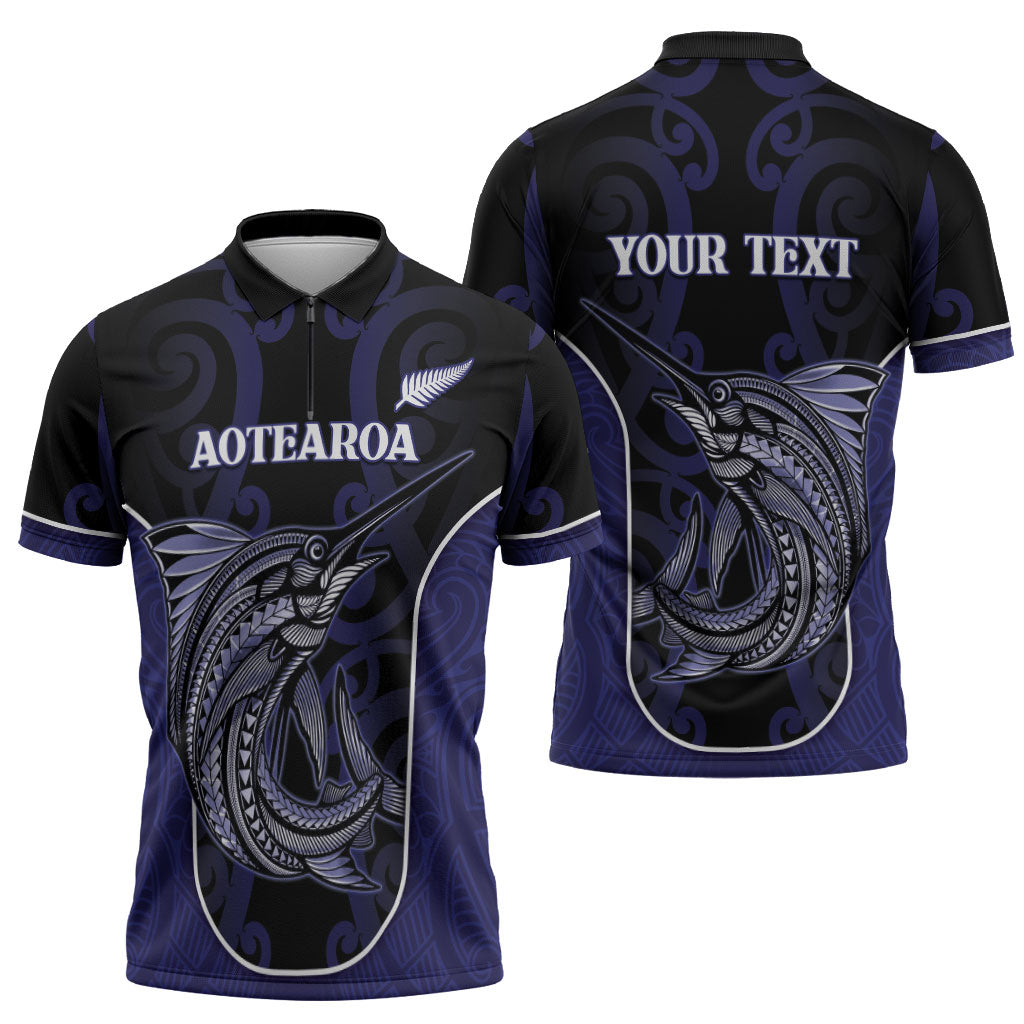 Personalised New Zealand Aotearoa Zipper Polo Shirt Blue Marlin Fishing Maori Pattern LT05 - Polynesian Pride