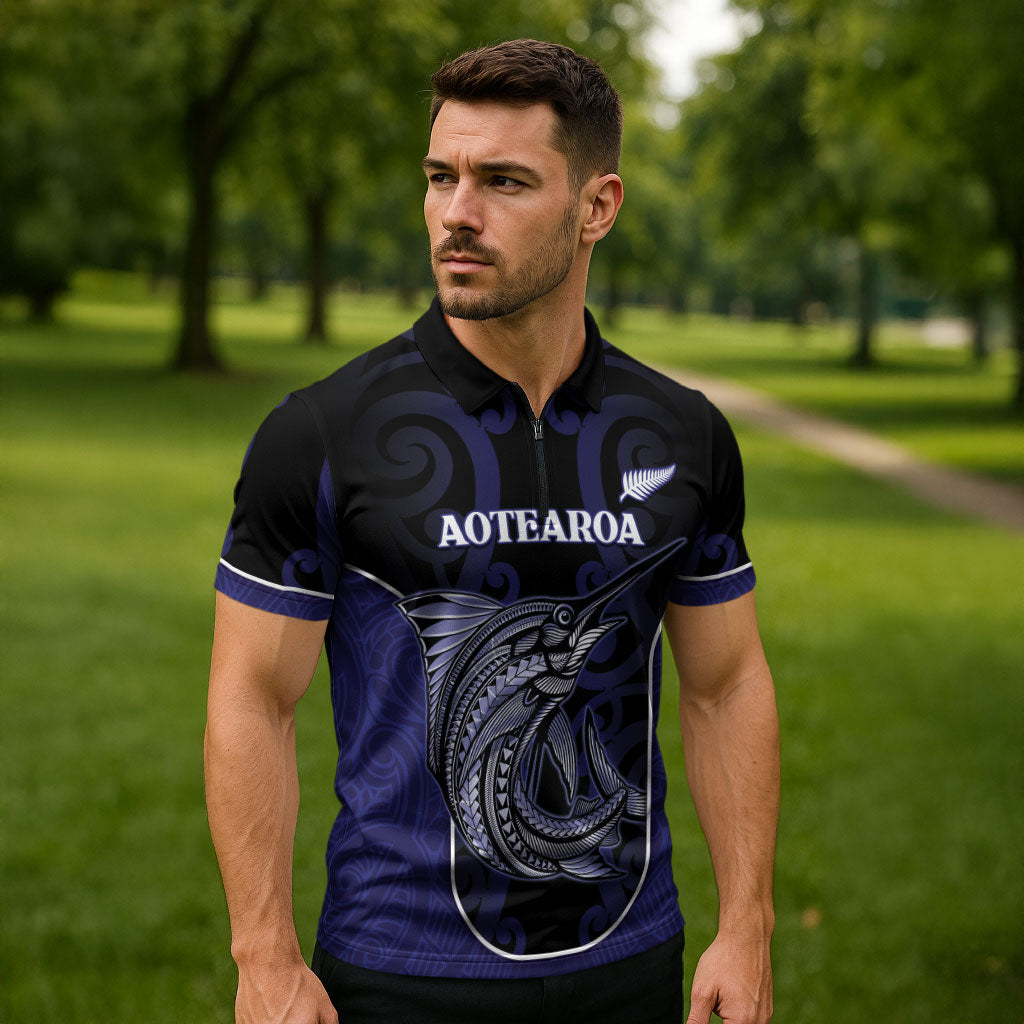 Personalised New Zealand Aotearoa Zipper Polo Shirt Blue Marlin Fishing Maori Pattern LT05 - Polynesian Pride