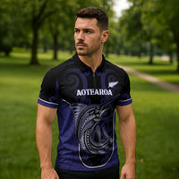 Personalised New Zealand Aotearoa Zipper Polo Shirt Blue Marlin Fishing Maori Pattern LT05 - Polynesian Pride