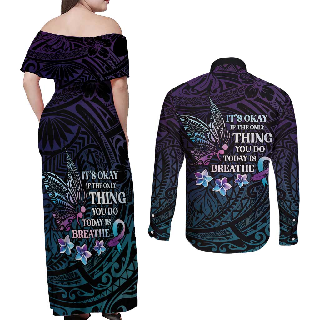 Polynesia Suicide Prevention Awareness Couples Matching Off Shoulder Maxi Dress and Long Sleeve Button Shirt Keep Going The World Needs You