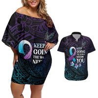 Polynesia Suicide Prevention Awareness Couples Matching Off Shoulder Short Dress and Hawaiian Shirt Keep Going The World Needs You