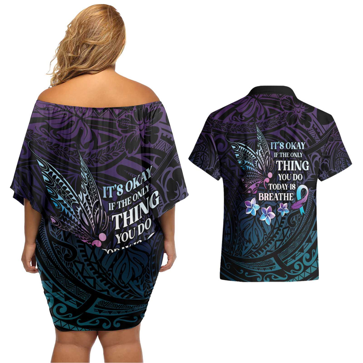 Polynesia Suicide Prevention Awareness Couples Matching Off Shoulder Short Dress and Hawaiian Shirt Keep Going The World Needs You