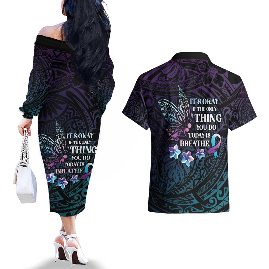 Polynesia Suicide Prevention Awareness Couples Matching Off The Shoulder Long Sleeve Dress and Hawaiian Shirt Keep Going The World Needs You