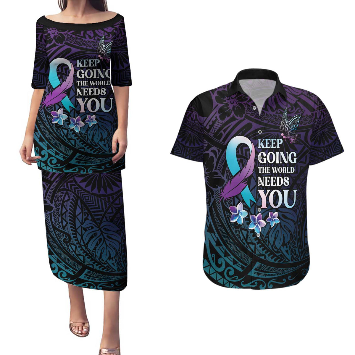Polynesia Suicide Prevention Awareness Couples Matching Puletasi and Hawaiian Shirt Keep Going The World Needs You