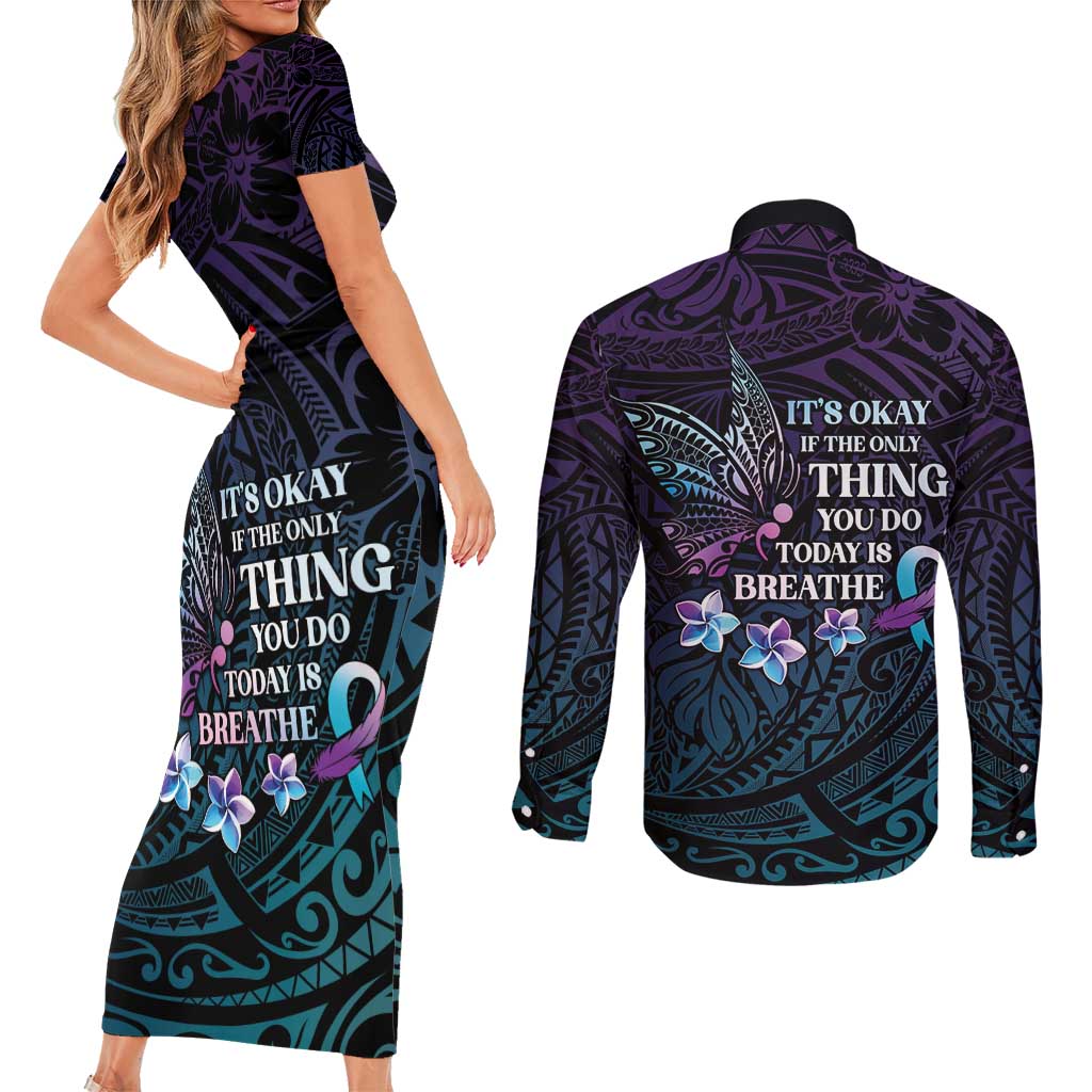 Polynesia Suicide Prevention Awareness Couples Matching Short Sleeve Bodycon Dress and Long Sleeve Button Shirt Keep Going The World Needs You