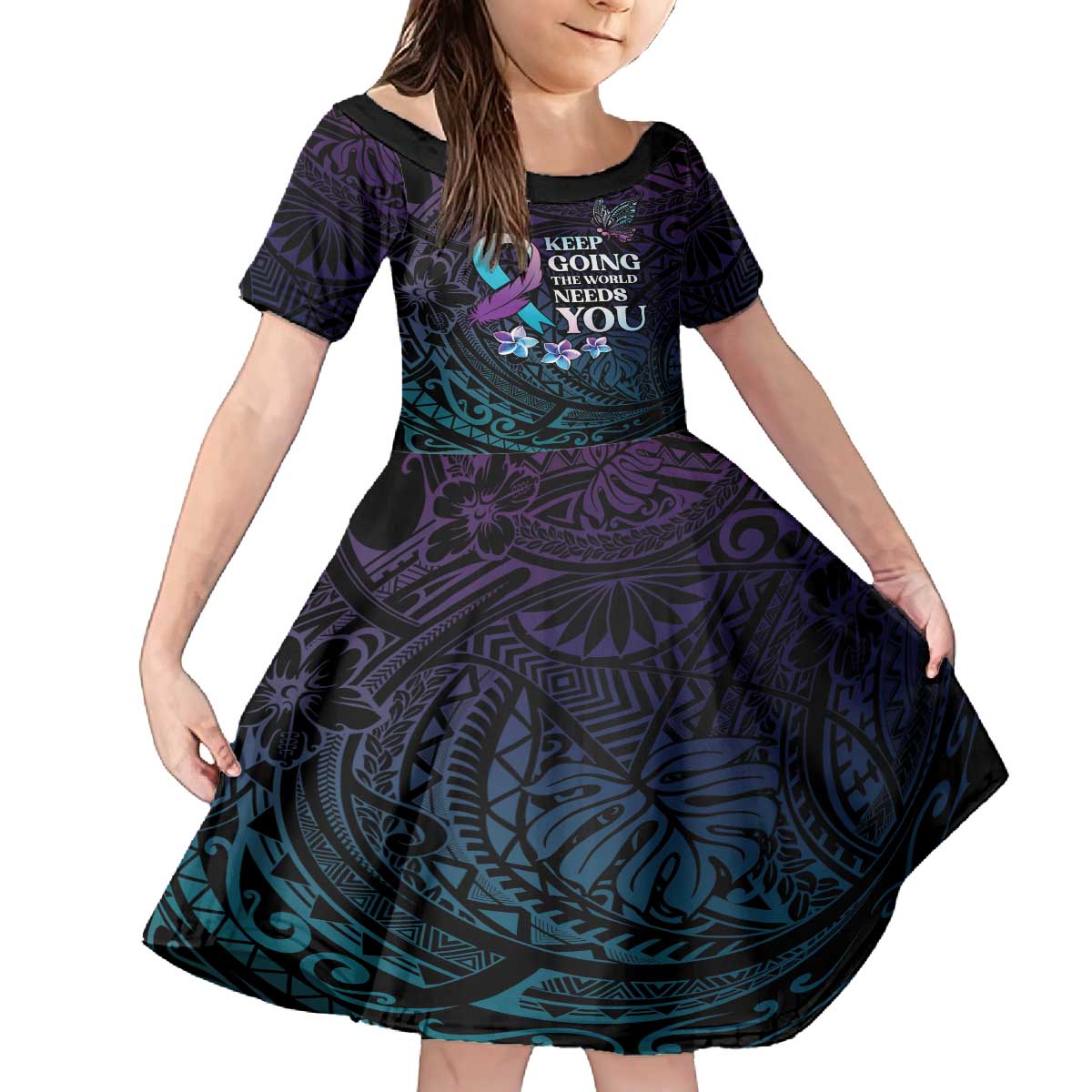 Polynesia Suicide Prevention Awareness Family Matching Off The Shoulder Long Sleeve Dress and Hawaiian Shirt Keep Going The World Needs You LT05 Daughter's Dress Purple - Polynesian Pride