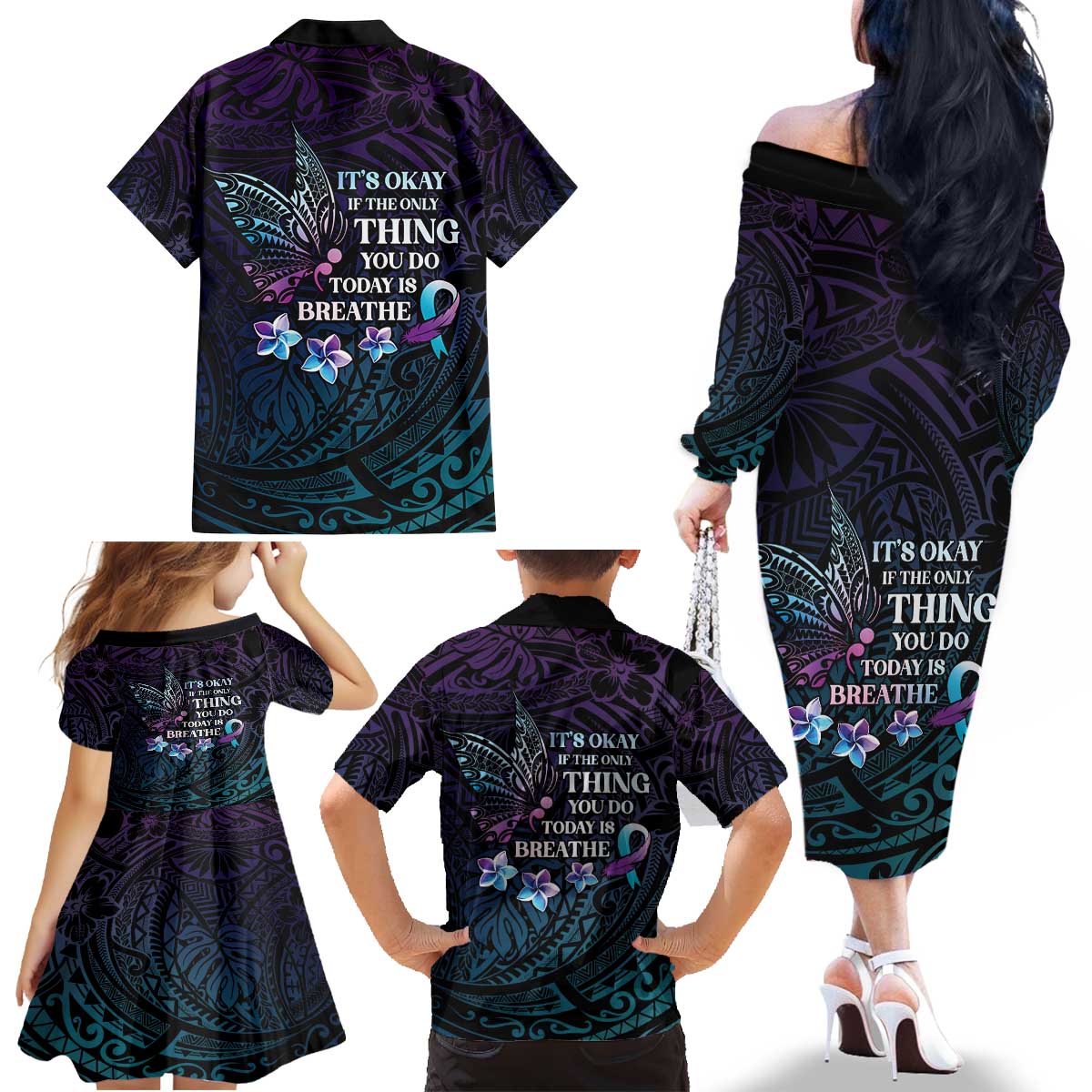 Polynesia Suicide Prevention Awareness Family Matching Off The Shoulder Long Sleeve Dress and Hawaiian Shirt Keep Going The World Needs You LT05 - Polynesian Pride