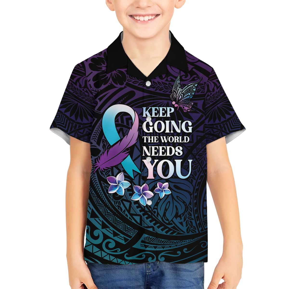 Polynesia Suicide Prevention Awareness Family Matching Off The Shoulder Long Sleeve Dress and Hawaiian Shirt Keep Going The World Needs You LT05 Son's Shirt Purple - Polynesian Pride