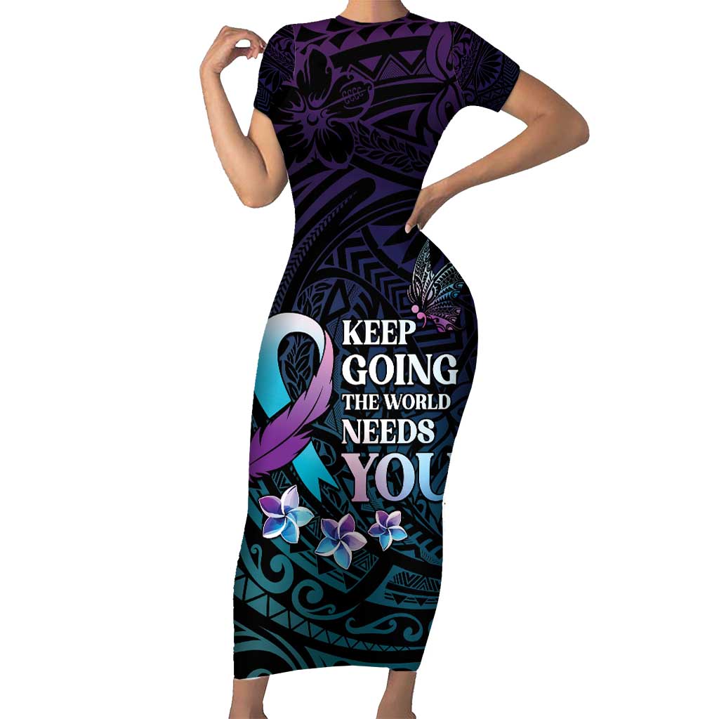 Polynesia Suicide Prevention Awareness Family Matching Short Sleeve Bodycon Dress and Hawaiian Shirt Keep Going The World Needs You LT05 Mom's Dress Purple - Polynesian Pride