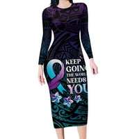 Polynesia Suicide Prevention Awareness Long Sleeve Bodycon Dress Keep Going The World Needs You LT05 Long Dress Purple - Polynesian Pride