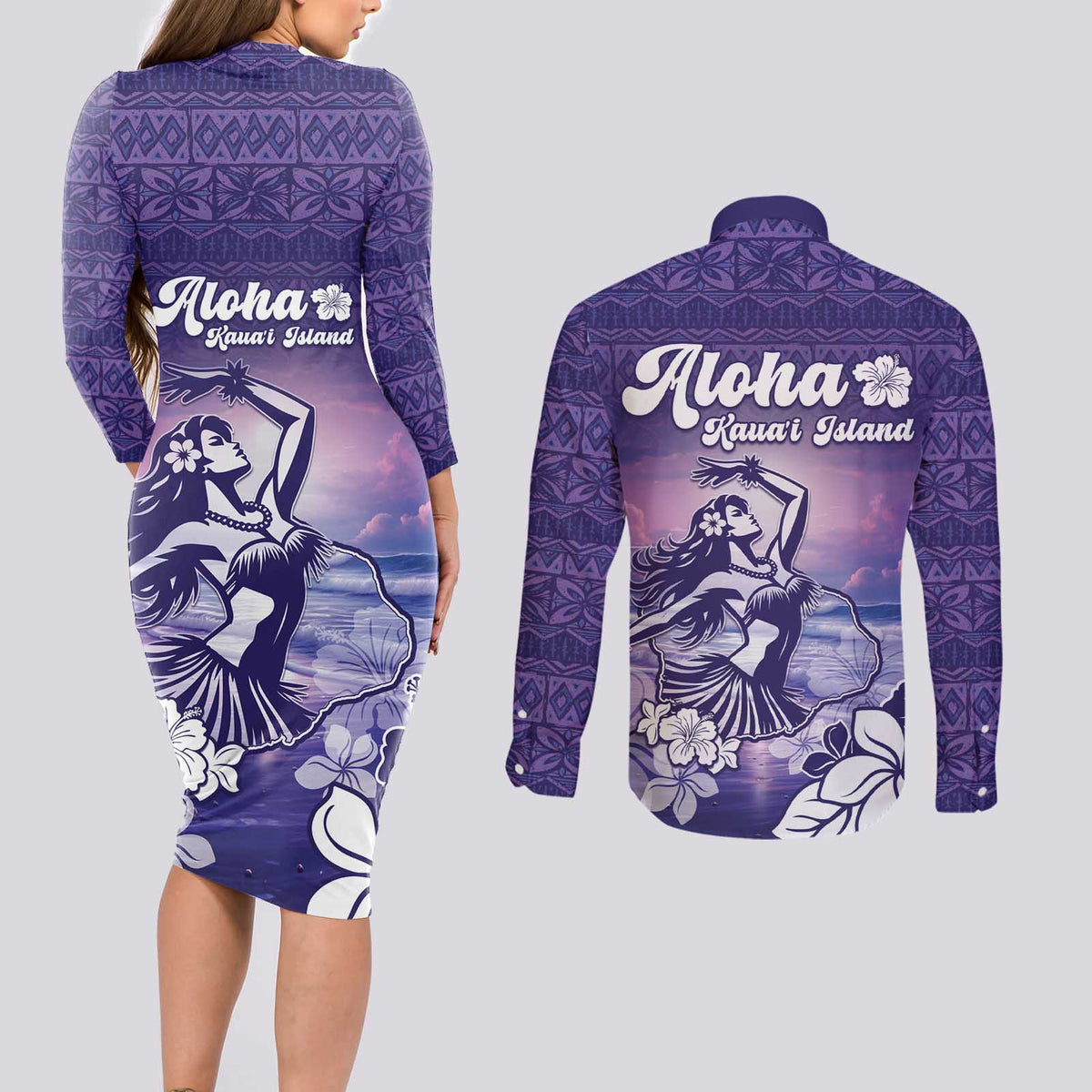 Aloha Hawaii Kauai Island Couples Matching Long Sleeve Bodycon Dress and Long Sleeve Button Shirt Hula Till You Drop LT05 - Polynesian Pride