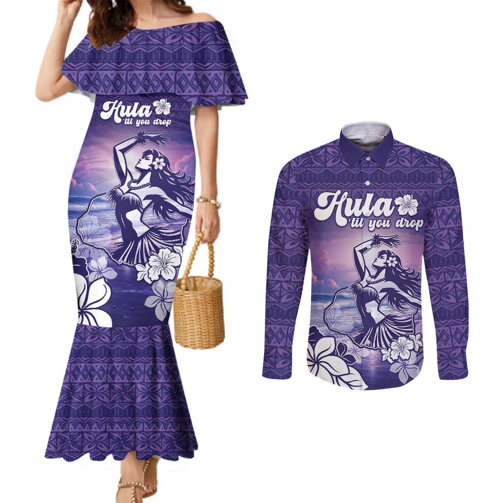 Aloha Hawaii Kauai Island Couples Matching Mermaid Dress and Long Sleeve Button Shirt Hula Till You Drop LT05 Purple - Polynesian Pride