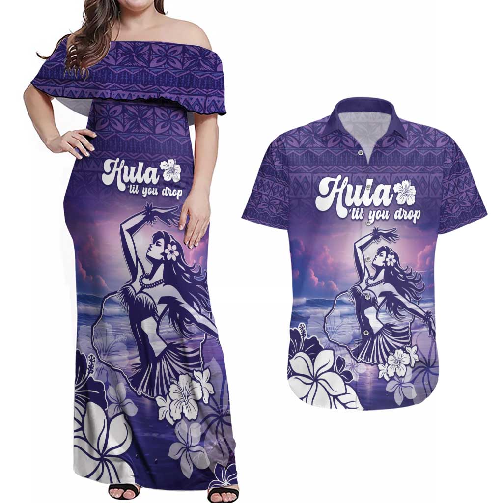 Aloha Hawaii Kauai Island Couples Matching Off Shoulder Maxi Dress and Hawaiian Shirt Hula Till You Drop LT05 Purple - Polynesian Pride