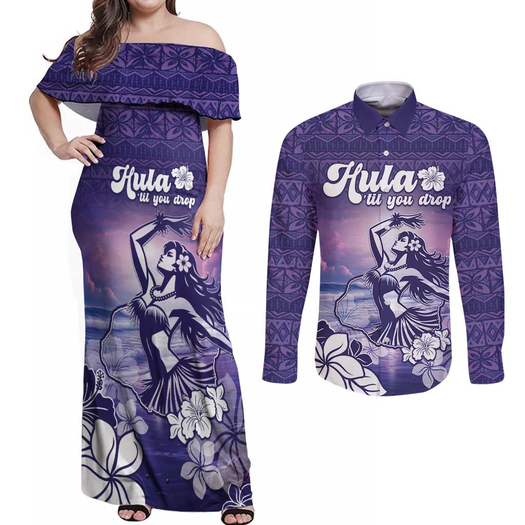 Aloha Hawaii Kauai Island Couples Matching Off Shoulder Maxi Dress and Long Sleeve Button Shirt Hula Till You Drop LT05 Purple - Polynesian Pride