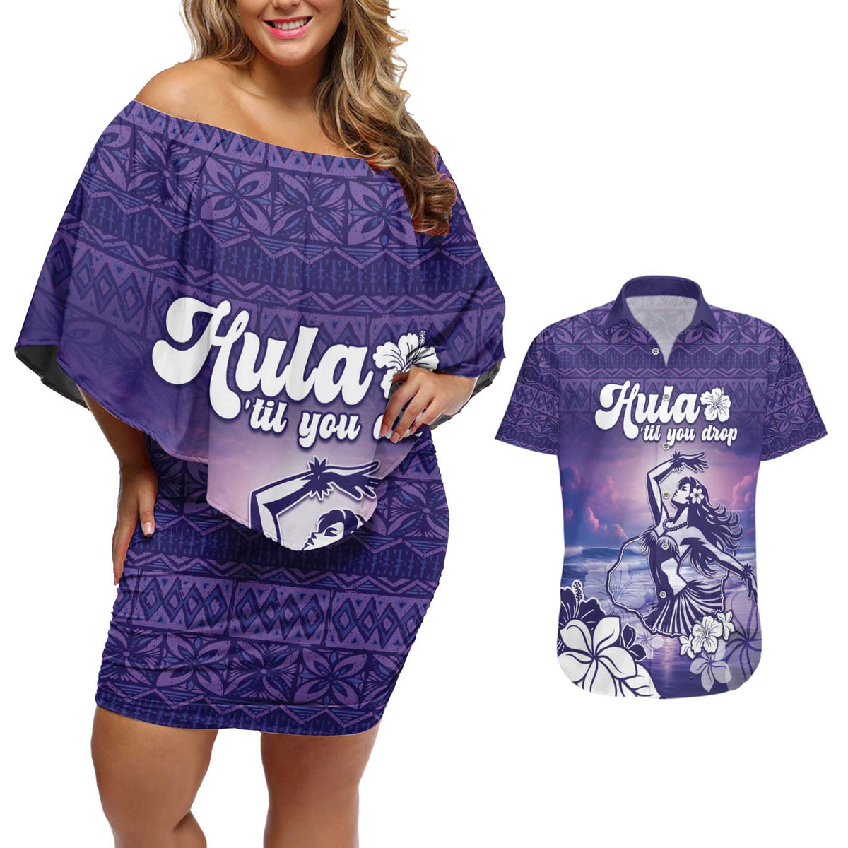 Aloha Hawaii Kauai Island Couples Matching Off Shoulder Short Dress and Hawaiian Shirt Hula Till You Drop LT05 Purple - Polynesian Pride