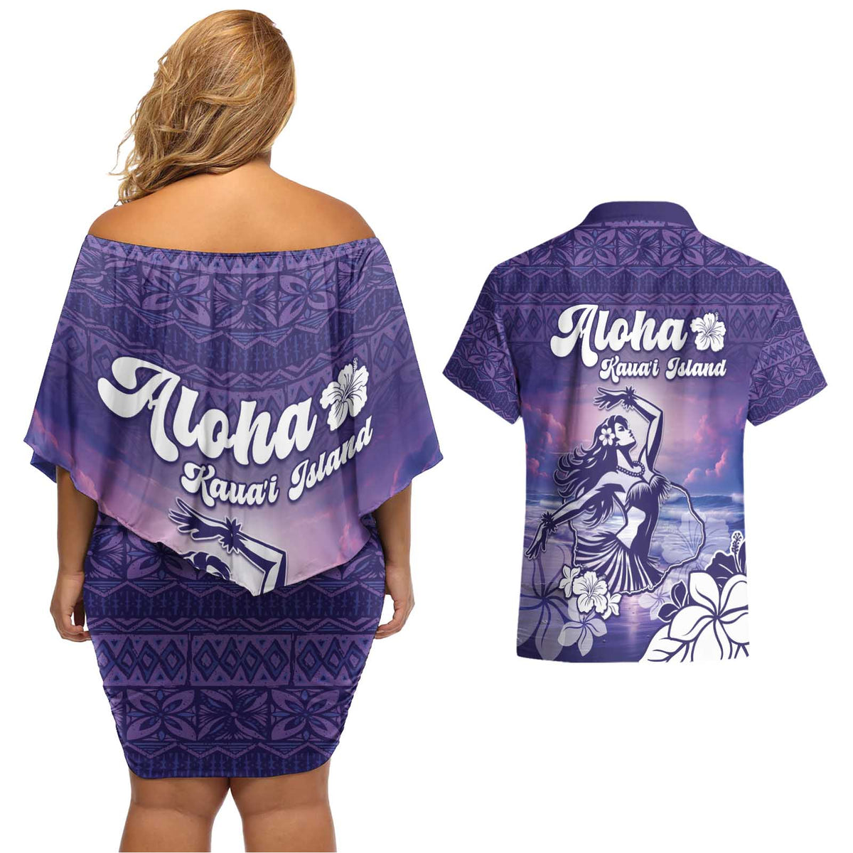 Aloha Hawaii Kauai Island Couples Matching Off Shoulder Short Dress and Hawaiian Shirt Hula Till You Drop LT05 - Polynesian Pride
