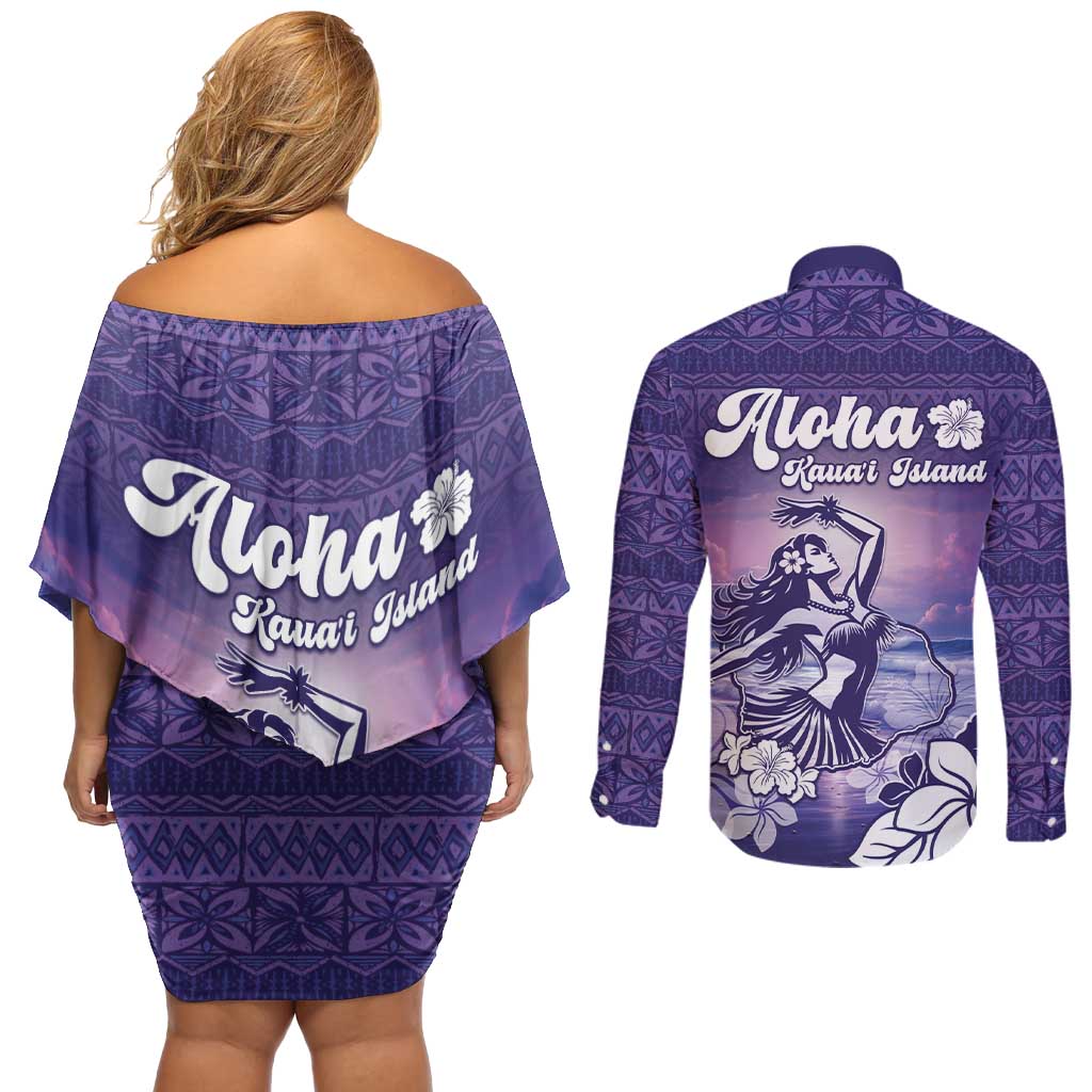 Aloha Hawaii Kauai Island Couples Matching Off Shoulder Short Dress and Long Sleeve Button Shirt Hula Till You Drop LT05 - Polynesian Pride