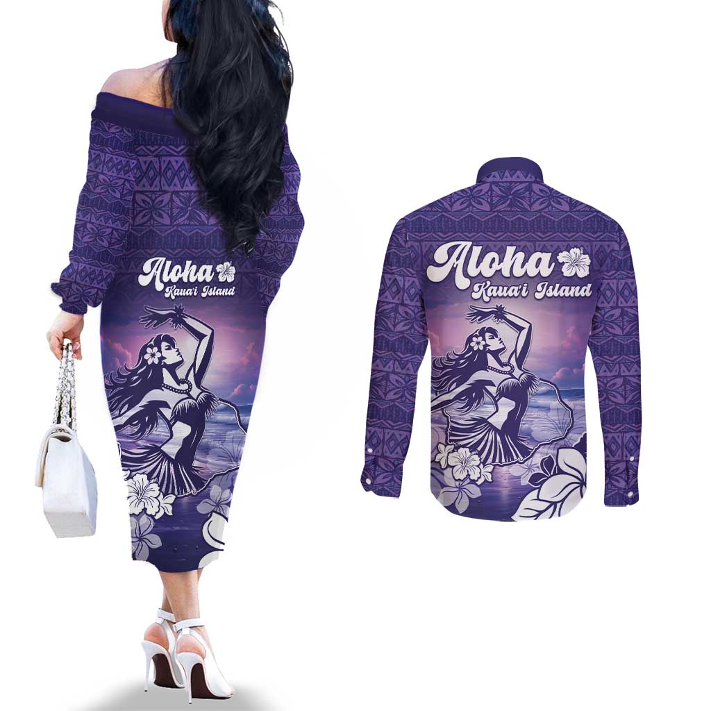 Aloha Hawaii Kauai Island Couples Matching Off The Shoulder Long Sleeve Dress and Long Sleeve Button Shirt Hula Till You Drop LT05 - Polynesian Pride