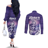 Aloha Hawaii Kauai Island Couples Matching Off The Shoulder Long Sleeve Dress and Long Sleeve Button Shirt Hula Till You Drop LT05 - Polynesian Pride
