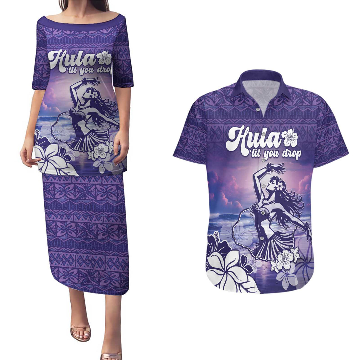 Aloha Hawaii Kauai Island Couples Matching Puletasi and Hawaiian Shirt Hula Till You Drop LT05 Purple - Polynesian Pride