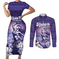 Aloha Hawaii Kauai Island Couples Matching Short Sleeve Bodycon Dress and Long Sleeve Button Shirt Hula Till You Drop LT05 Purple - Polynesian Pride