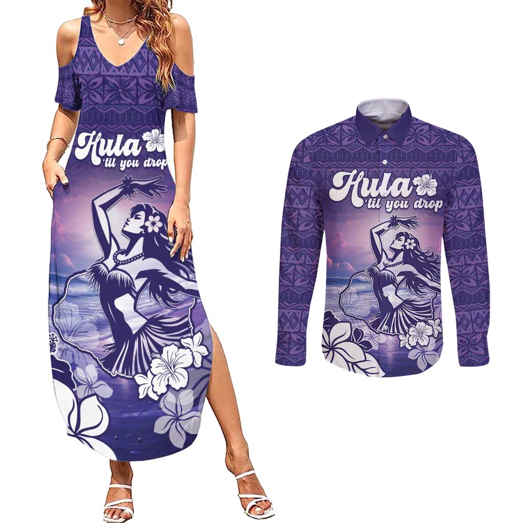 Aloha Hawaii Kauai Island Couples Matching Summer Maxi Dress and Long Sleeve Button Shirt Hula Till You Drop