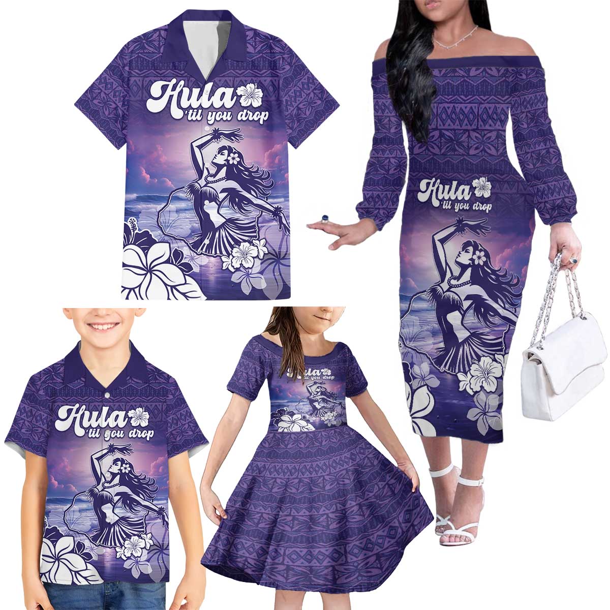Aloha Hawaii Kauai Island Family Matching Off The Shoulder Long Sleeve Dress and Hawaiian Shirt Hula Till You Drop LT05 - Polynesian Pride