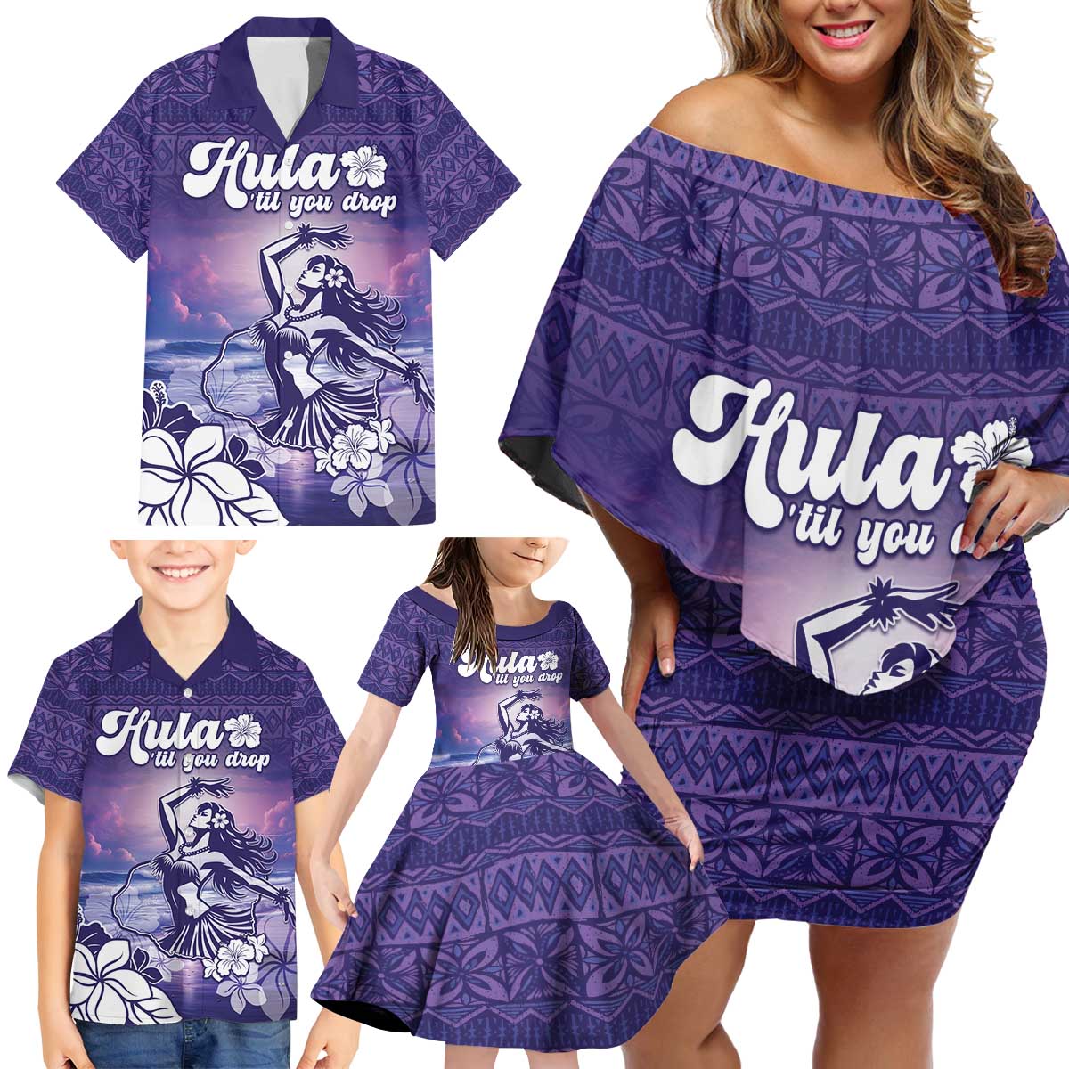 Aloha Hawaii Kauai Island Family Matching Off Shoulder Short Dress and Hawaiian Shirt Hula Till You Drop LT05 - Polynesian Pride