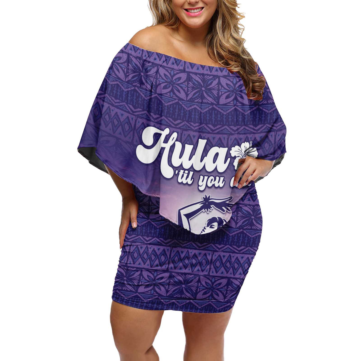 Aloha Hawaii Kauai Island Off Shoulder Short Dress Hula Till You Drop LT05 Women Purple - Polynesian Pride