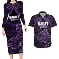 Personalised Hawaii Kauai Island Couples Matching Long Sleeve Bodycon Dress and Hawaiian Shirt Rooster Tribal Tattoo Simple Style LT05 Purple - Polynesian Pride