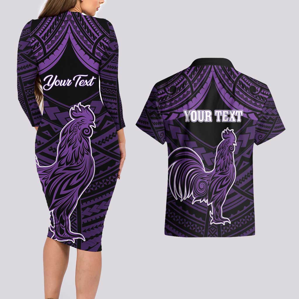 Personalised Hawaii Kauai Island Couples Matching Long Sleeve Bodycon Dress and Hawaiian Shirt Rooster Tribal Tattoo Simple Style LT05 - Polynesian Pride