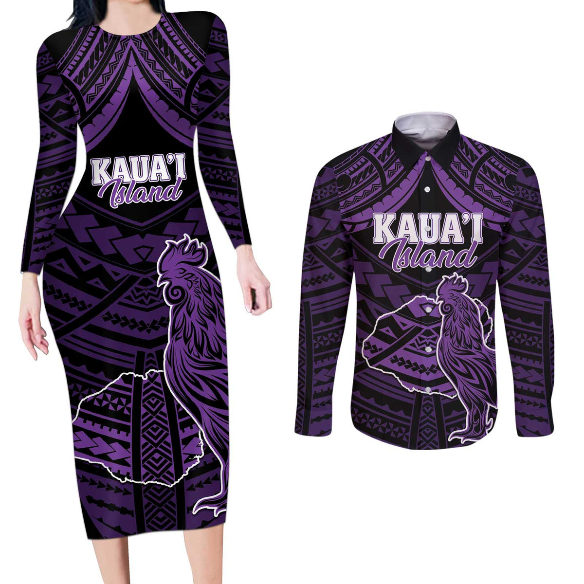 Personalised Hawaii Kauai Island Couples Matching Long Sleeve Bodycon Dress and Long Sleeve Button Shirt Rooster Tribal Tattoo Simple Style LT05 Purple - Polynesian Pride