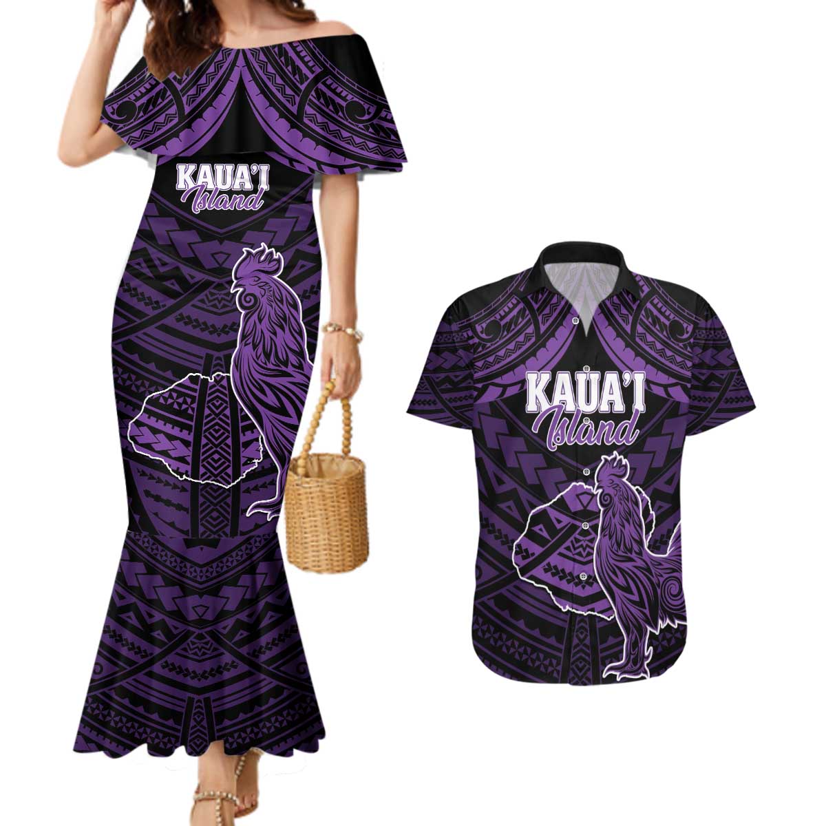 Personalised Hawaii Kauai Island Couples Matching Mermaid Dress and Hawaiian Shirt Rooster Tribal Tattoo Simple Style LT05 Purple - Polynesian Pride