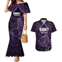 Personalised Hawaii Kauai Island Couples Matching Mermaid Dress and Hawaiian Shirt Rooster Tribal Tattoo Simple Style LT05 Purple - Polynesian Pride