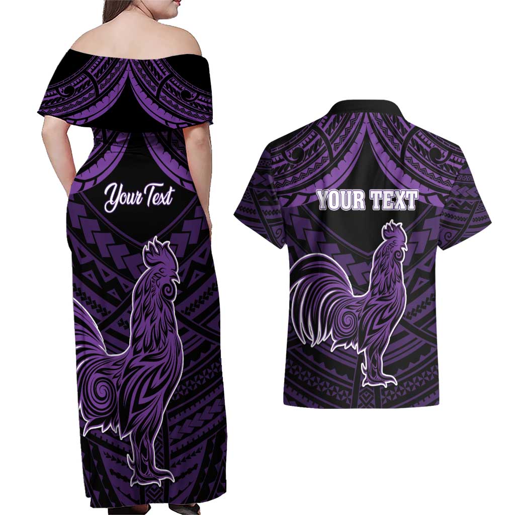 Personalised Hawaii Kauai Island Couples Matching Off Shoulder Maxi Dress and Hawaiian Shirt Rooster Tribal Tattoo Simple Style LT05 - Polynesian Pride