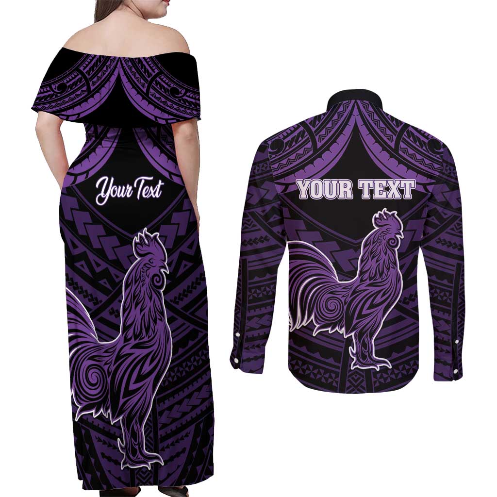 Personalised Hawaii Kauai Island Couples Matching Off Shoulder Maxi Dress and Long Sleeve Button Shirt Rooster Tribal Tattoo Simple Style LT05 - Polynesian Pride