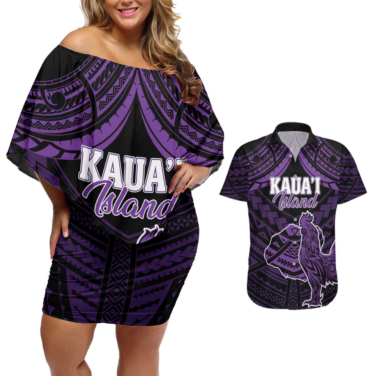 Personalised Hawaii Kauai Island Couples Matching Off Shoulder Short Dress and Hawaiian Shirt Rooster Tribal Tattoo Simple Style LT05 Purple - Polynesian Pride
