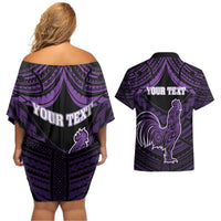 Personalised Hawaii Kauai Island Couples Matching Off Shoulder Short Dress and Hawaiian Shirt Rooster Tribal Tattoo Simple Style LT05 - Polynesian Pride